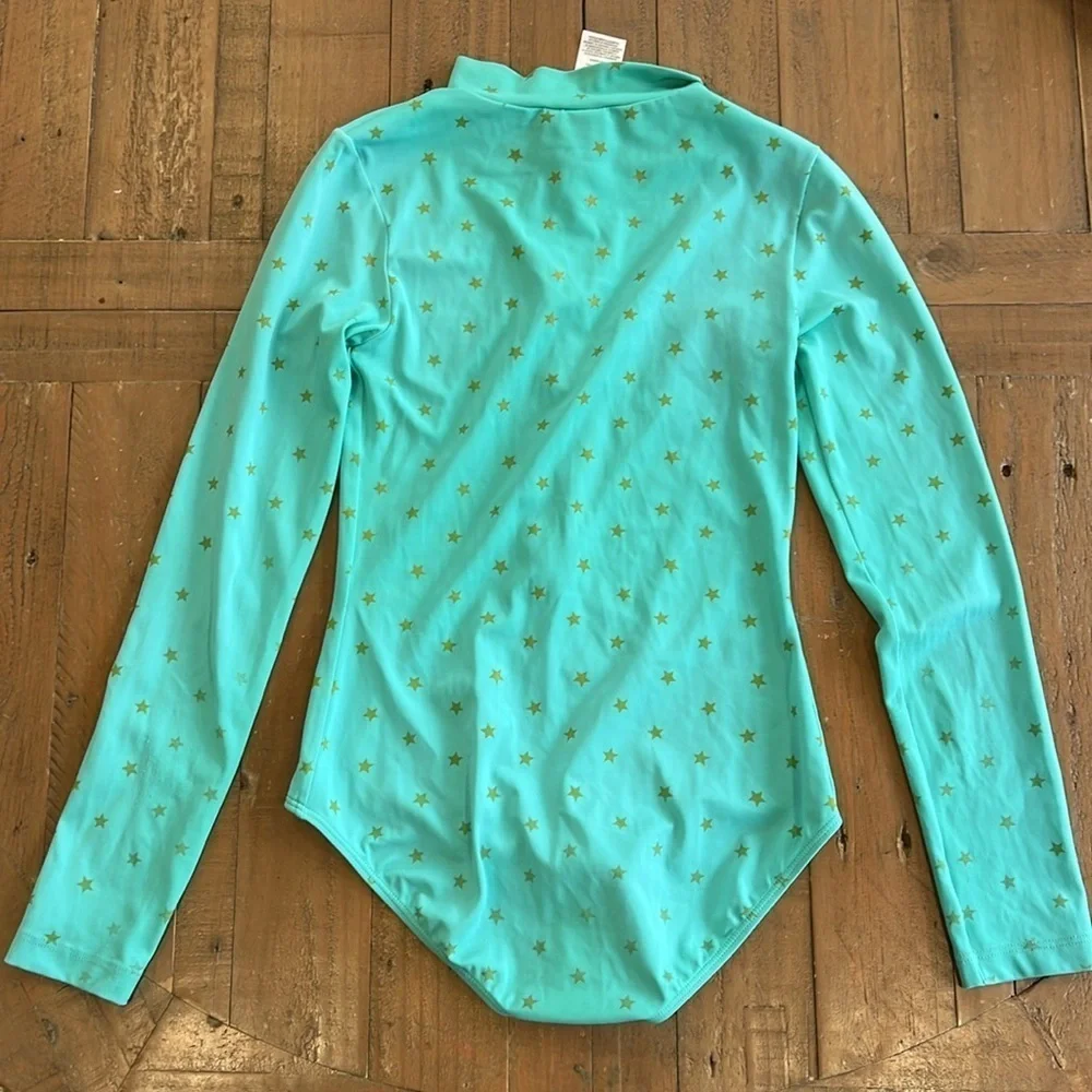 Mini Boden teal gold Star zip front long sleeve one piece rash guard swim suit